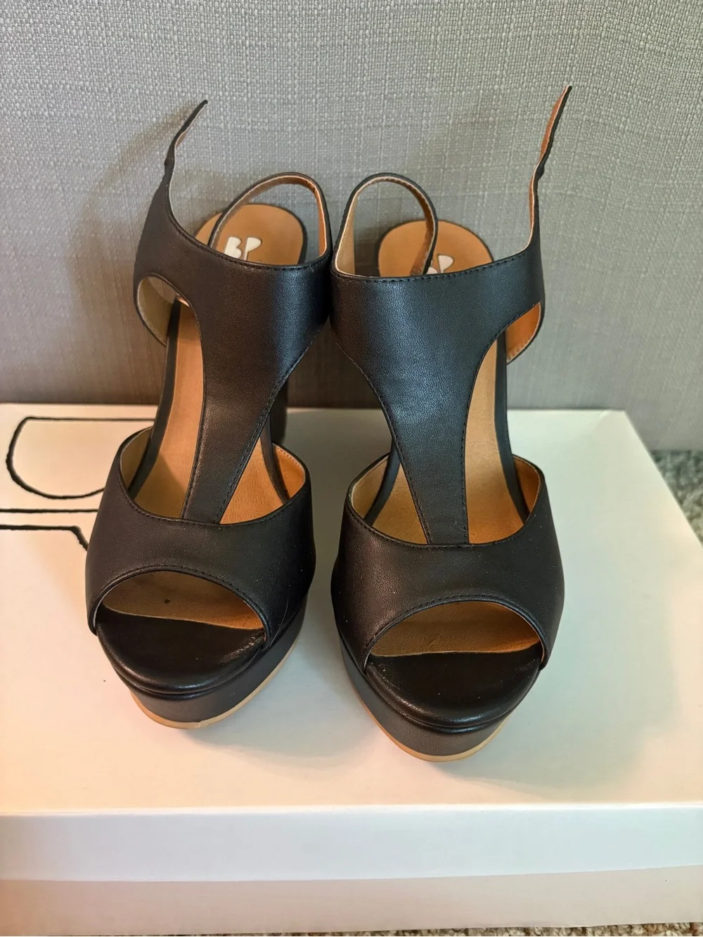 bp Black Open-Toe T-Strap Wedge Sandals